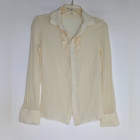 SAINT LAURENT PARIS Silk Ruffle Button Down Blouse in Cream READ - Picture 1 of 4
